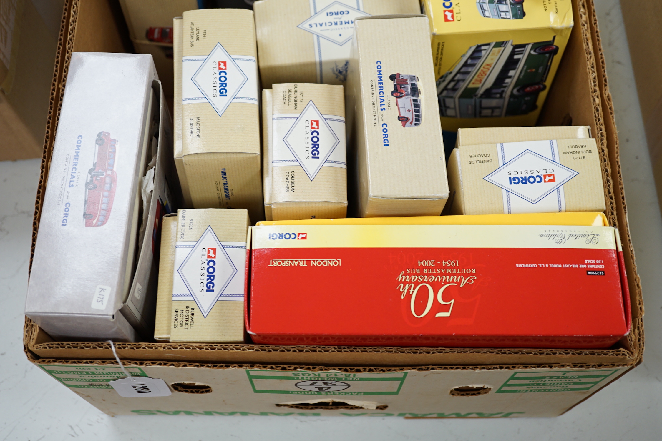 Twenty-two boxed Corgi Classics buses and coaches, etc., including a 50th anniversary Routemaster, Bedford OB coaches, etc.